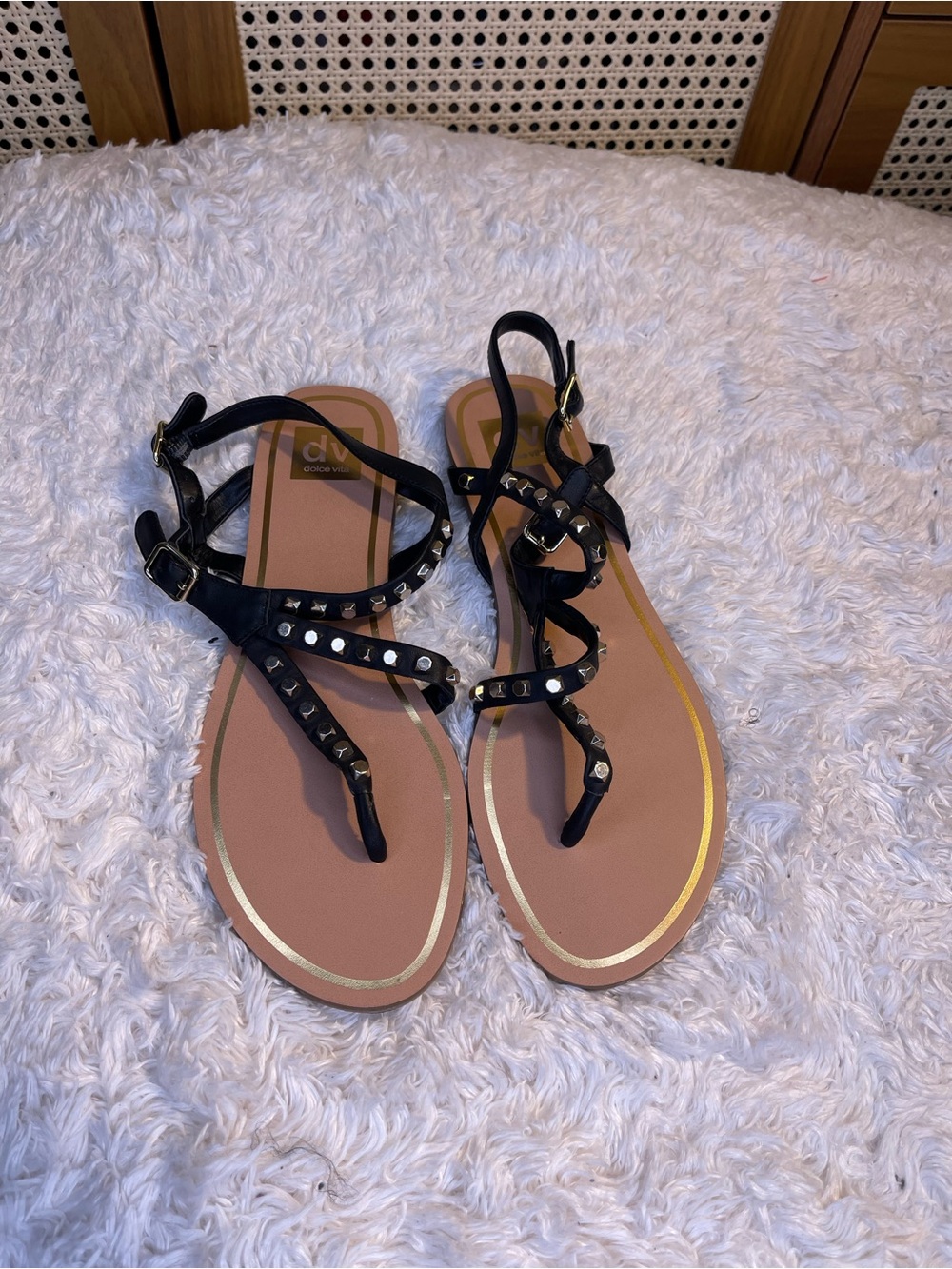 Dolce Vita Black Studded Strappy Flat Sandals with Gold Trim
